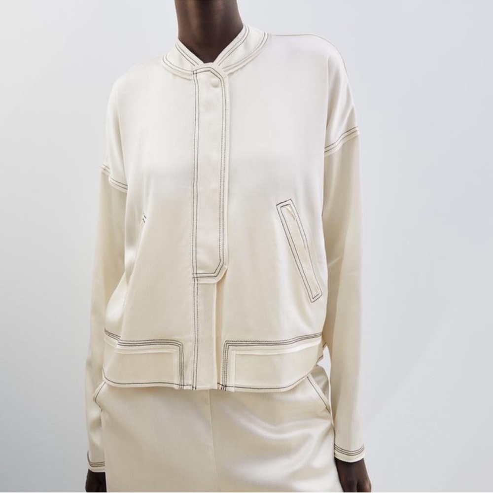 Zara Cream Satin Effect Topstiched Bomber Jacket